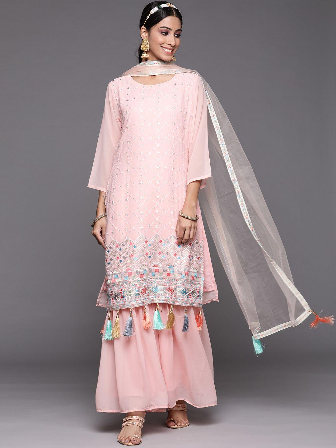 indo era women pink embroidered sequinned kurta with sharara & with dupatta