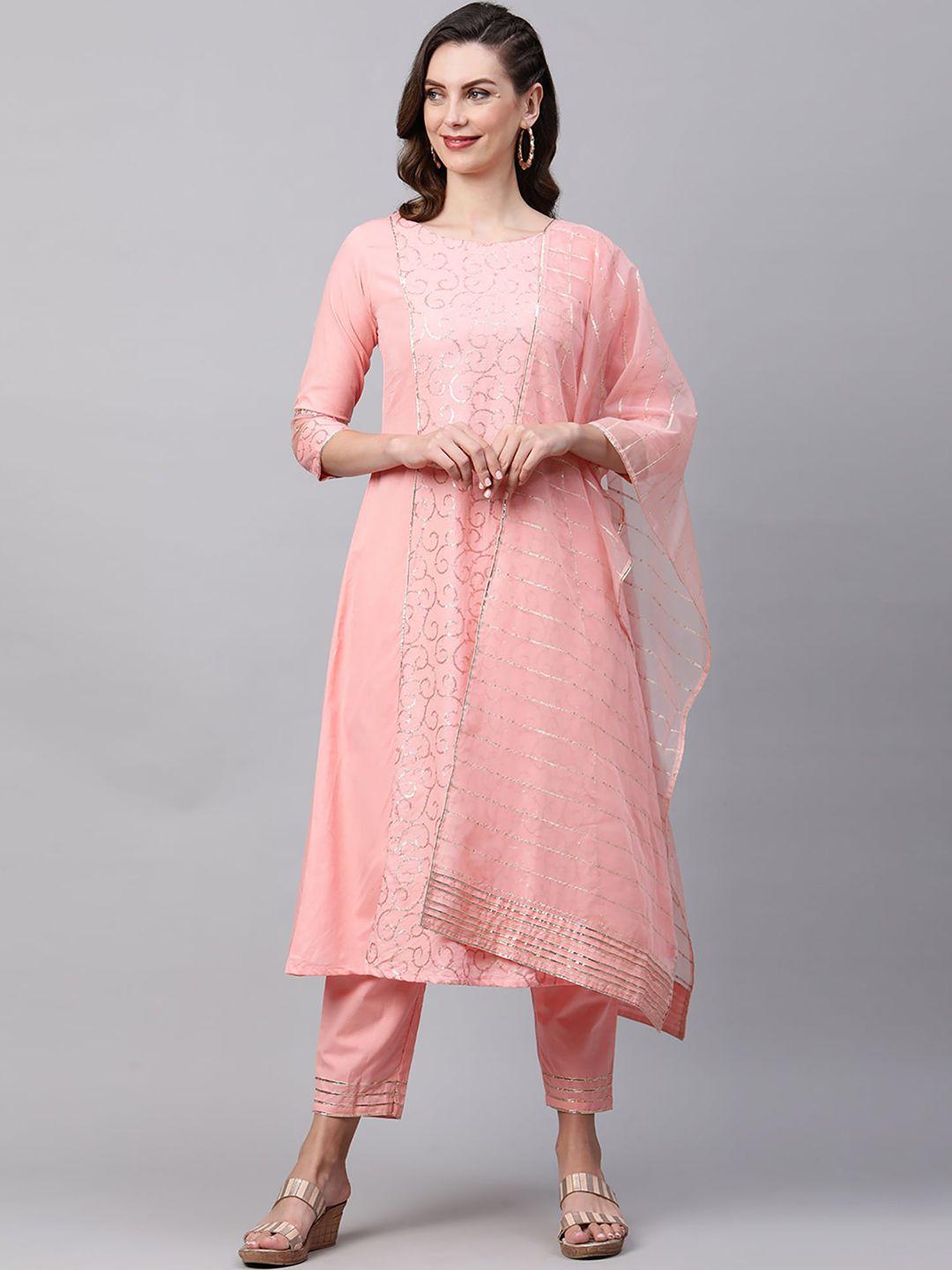 indo era women pink ethnic motifs embroidered kurta with trousers & with dupatta