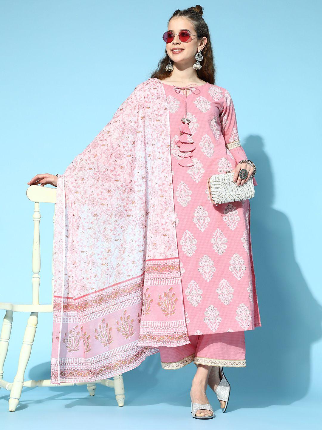 indo era women pink ethnic motifs printed liva kurta with trousers & dupatta