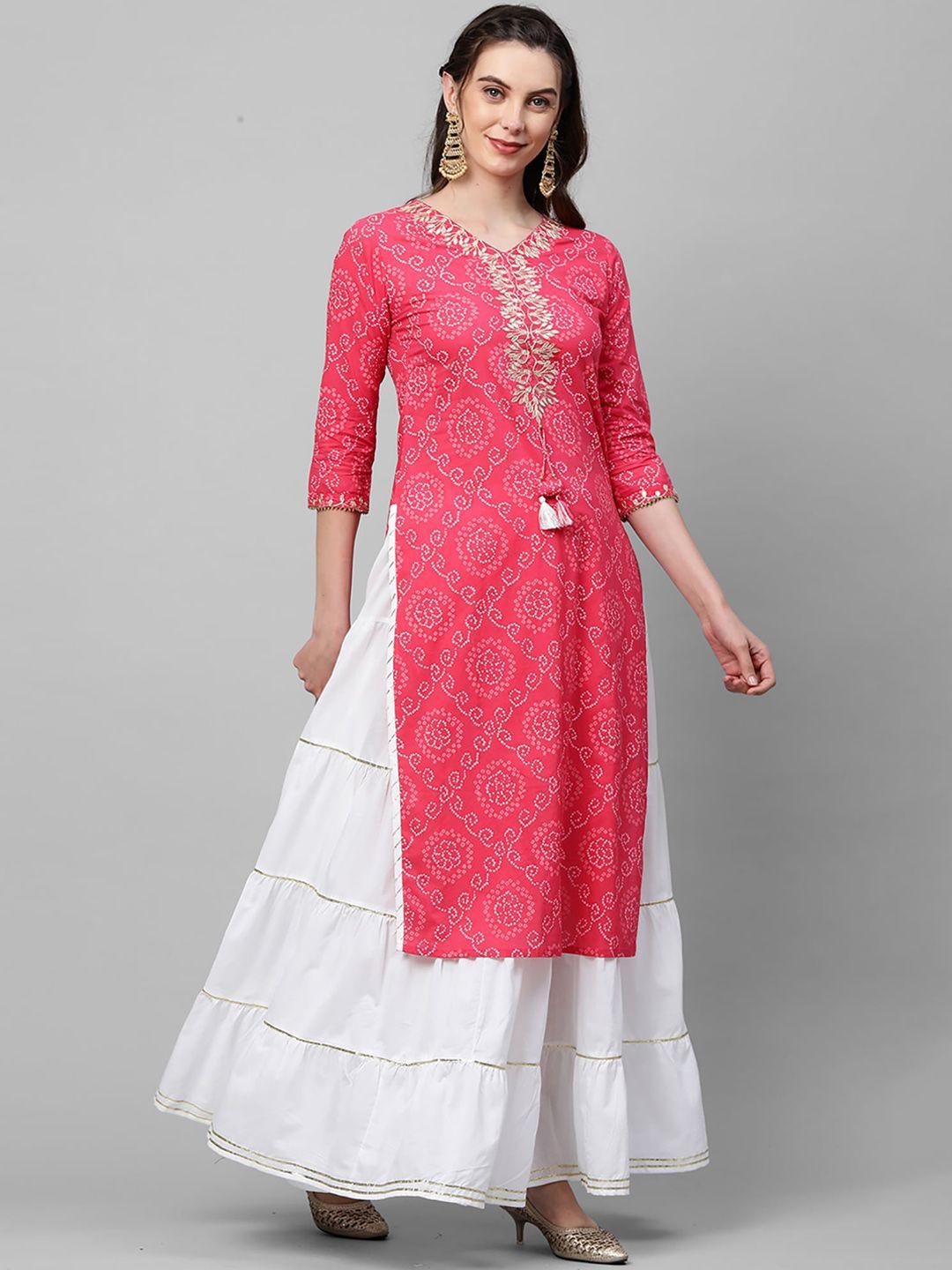 indo era women pink ethnic motifs printed regular pure cotton kurta with skirt