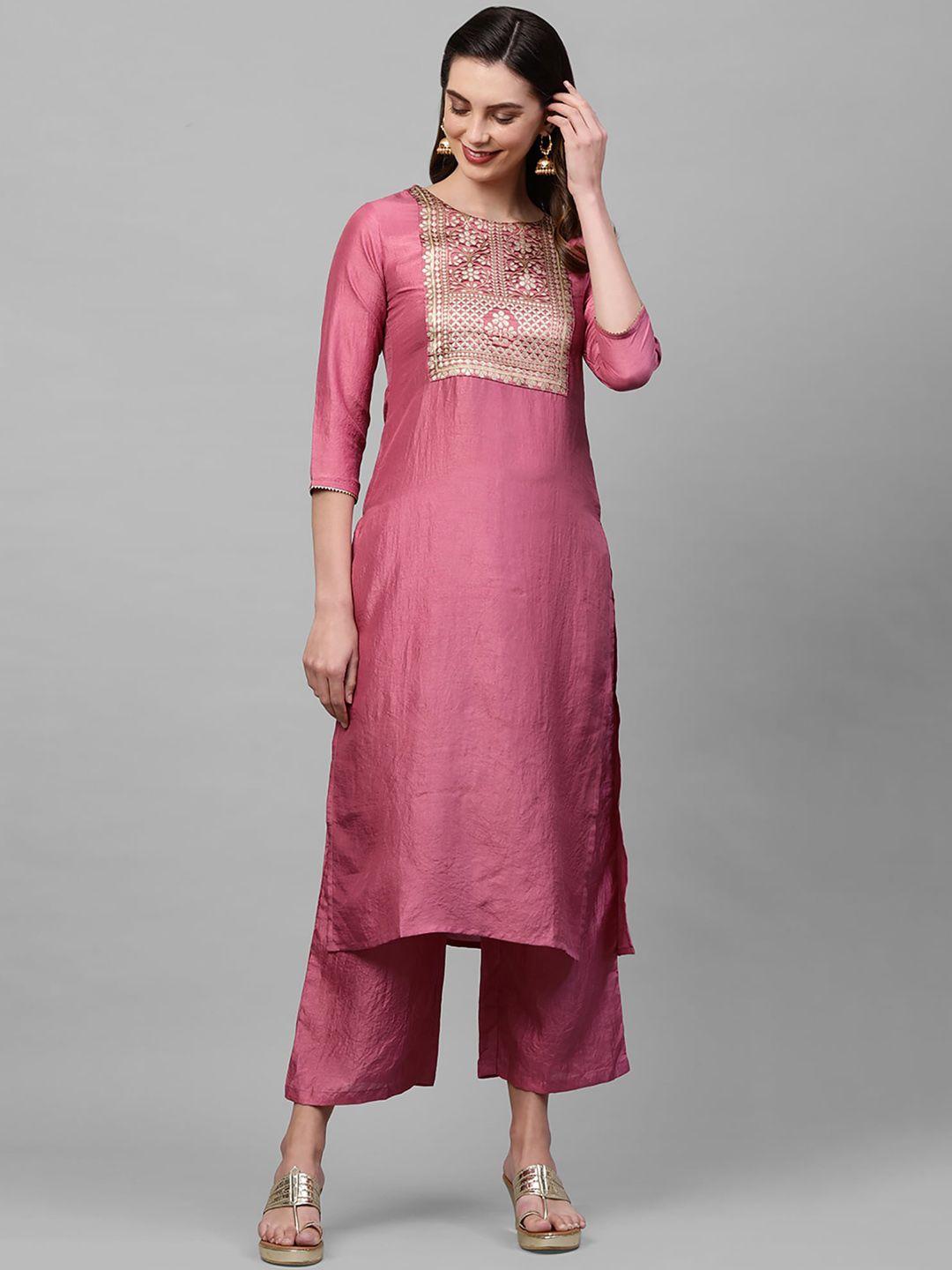 indo era women pink ethnic motifs yoke design thread work kurta