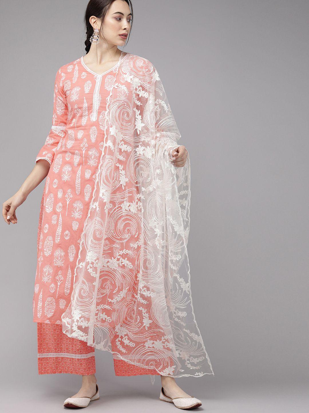 indo era women pink printed kurta with palazzos & dupatta