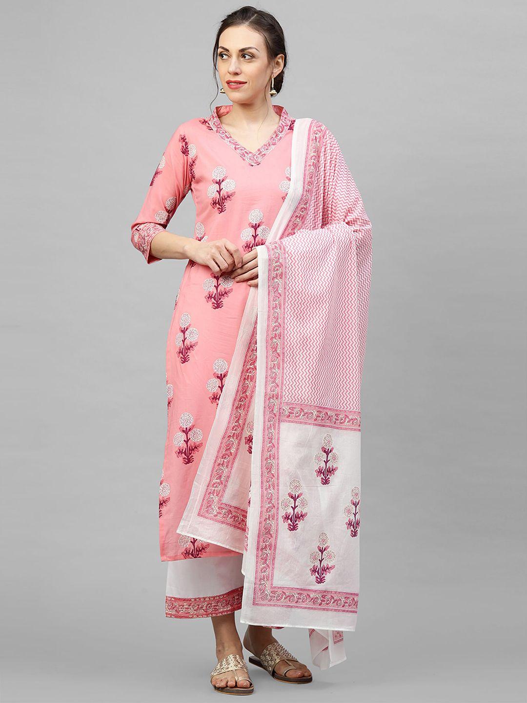 indo era women pink printed regular straight pure cotton kurta with palazzos & with