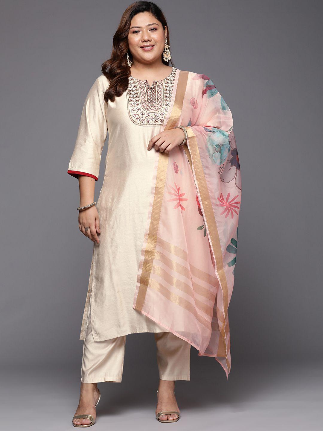 indo era women plus size off white yoke design sequinned liva kurta trousers & dupatta