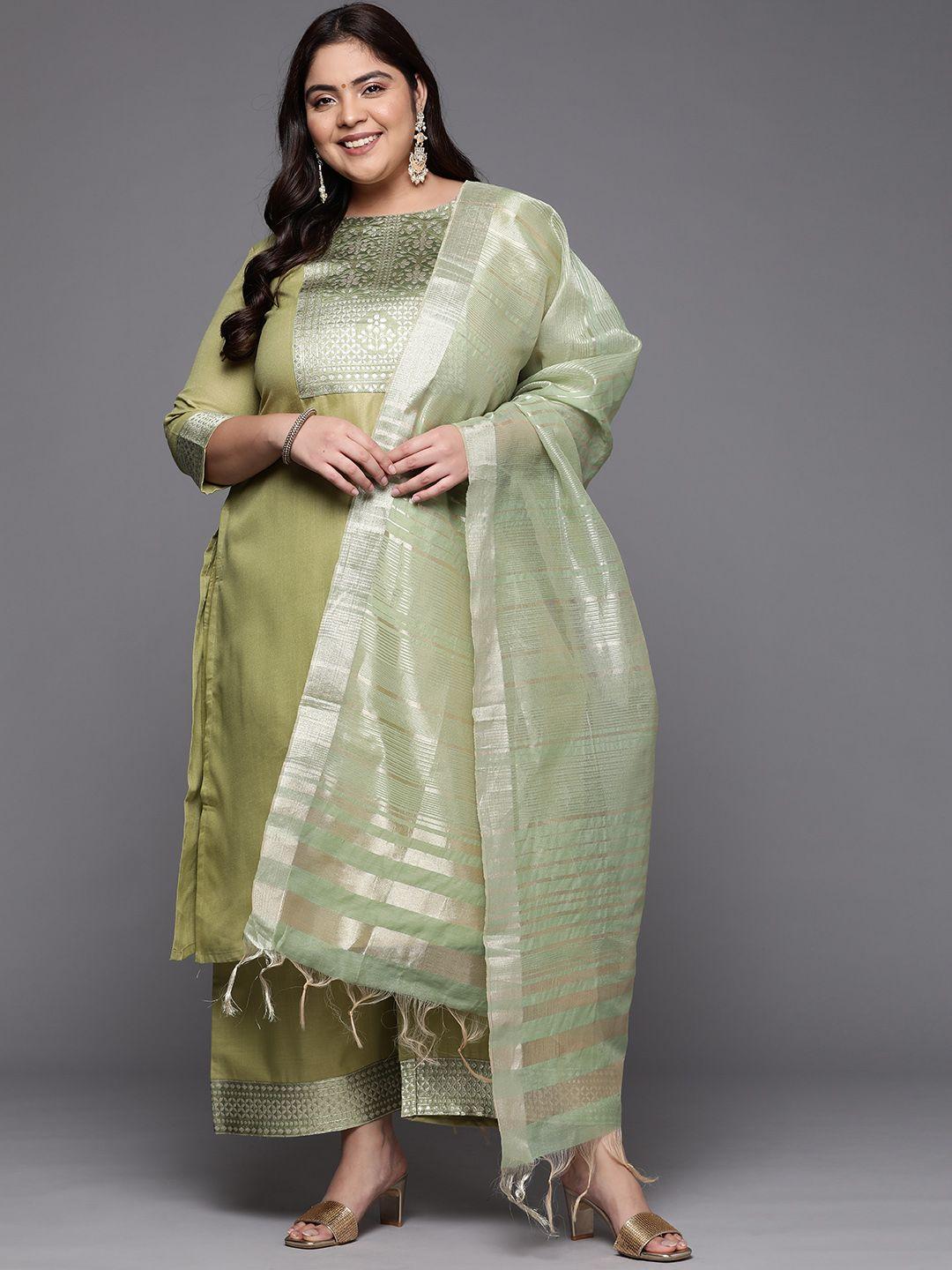 indo era women plus size olive green yoke design kurta with palazzos & dupatta
