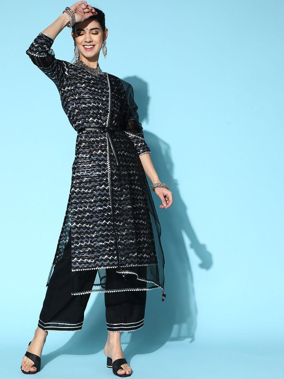 indo era women printed gotta patti kurta with trousers & dupatta