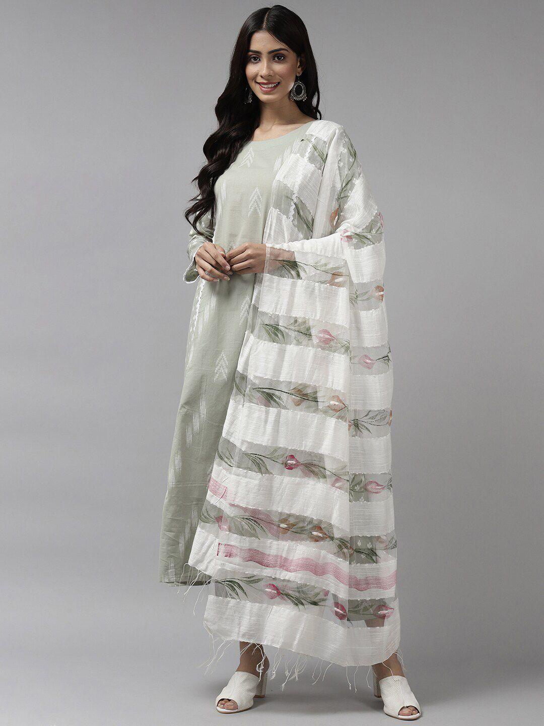 indo era women printed panelled cotton kurta with trousers & dupatta