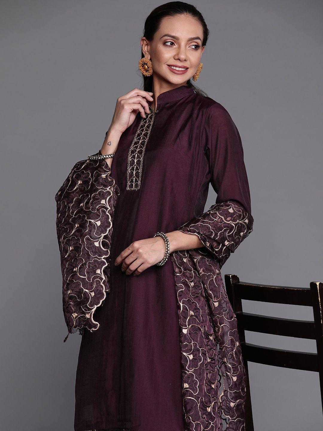 indo era women purple & beige floral embroidered kurta with trousers & dupatta
