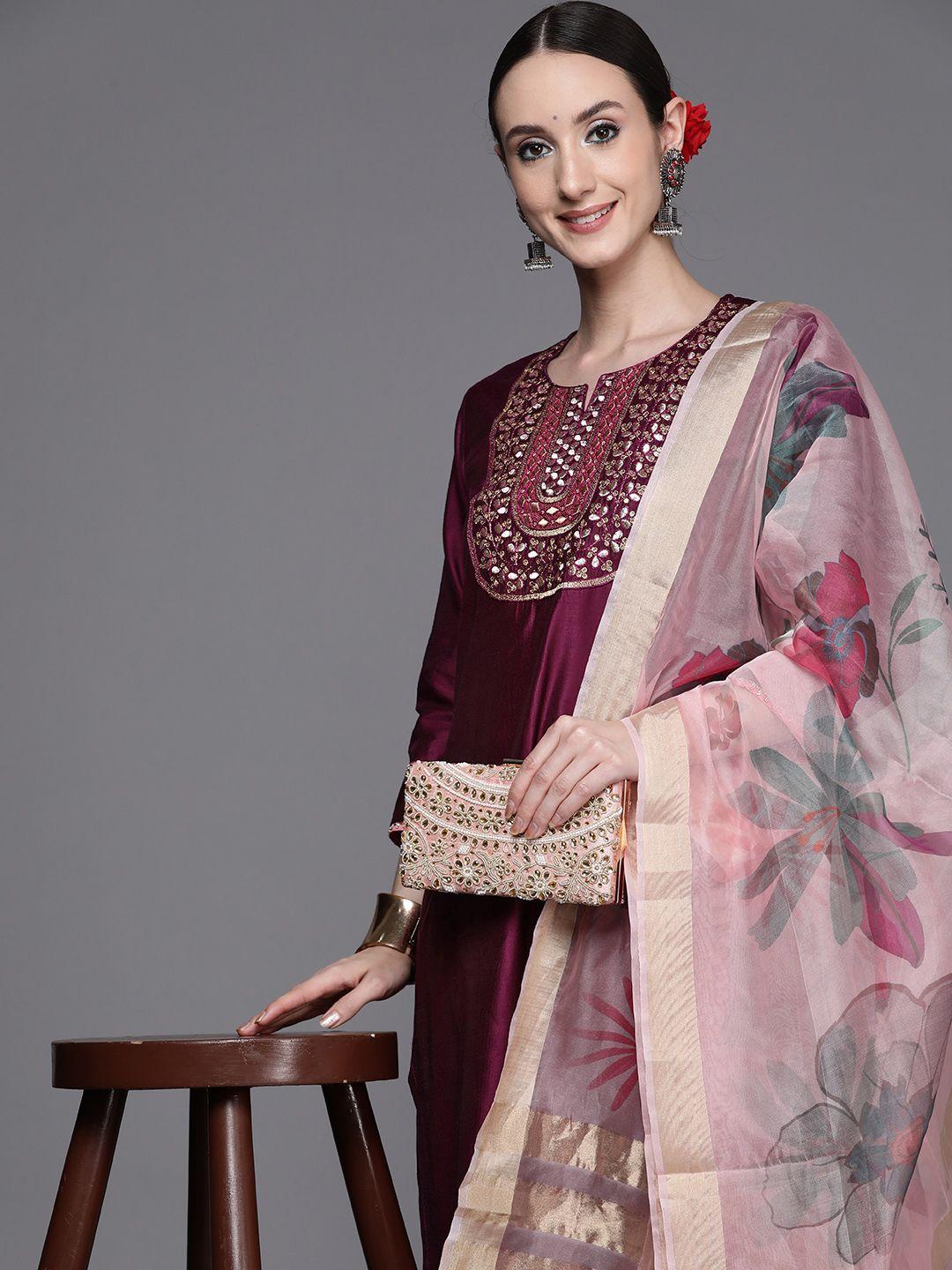 indo era women purple embroidered sequinned liva kurta with trousers & with dupatta