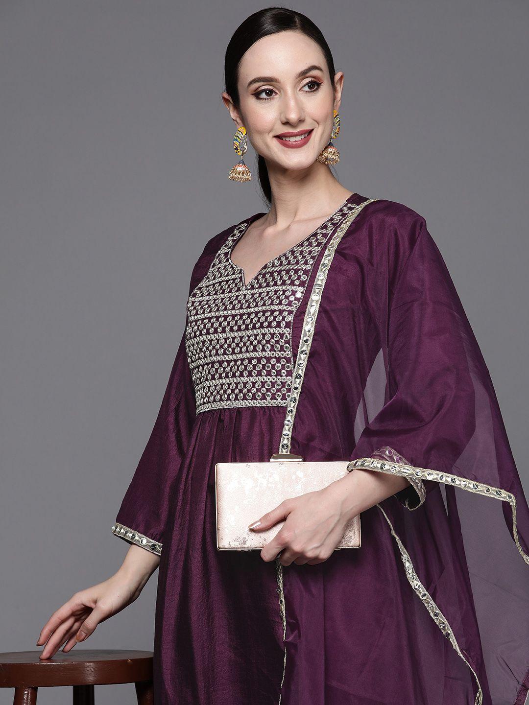 indo era women purple yoke design mirror work kurta with trousers & with dupatta