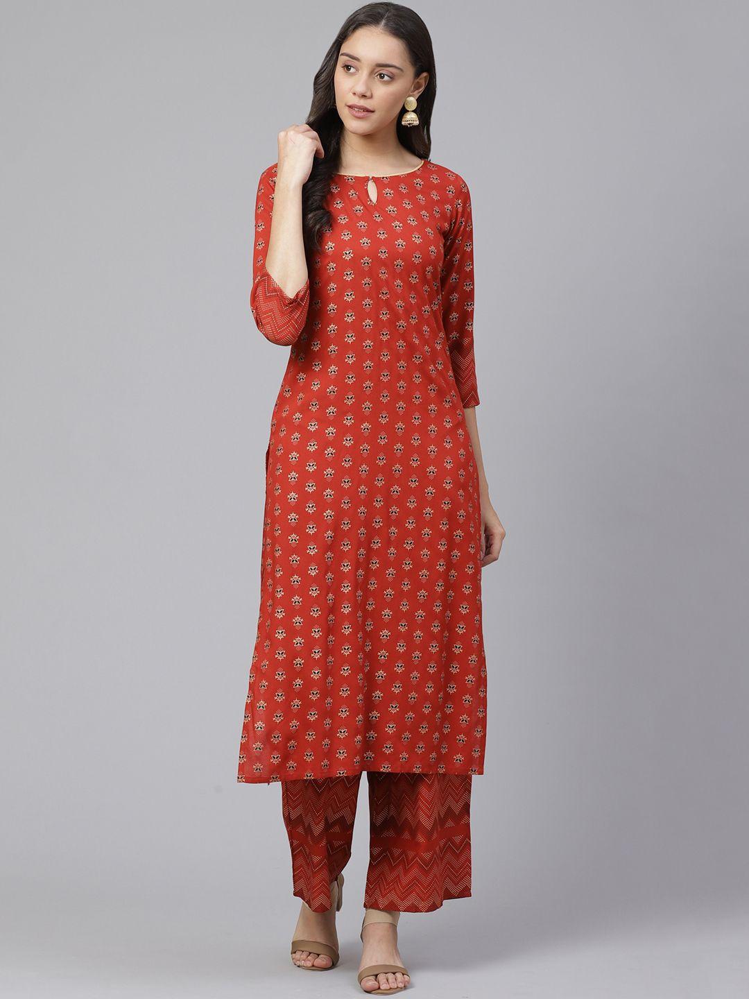 indo era women red & black foil printed kurta with palazzos