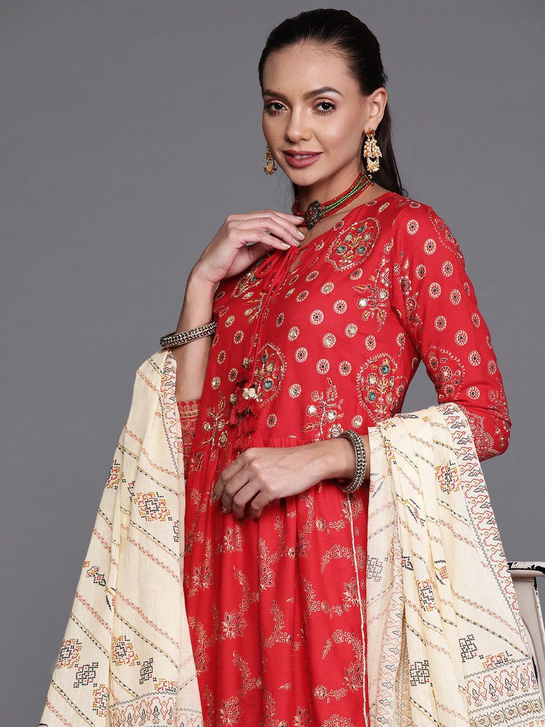 indo era women red & gold-toned floral print beads and stone kurta with trousers & dupatta