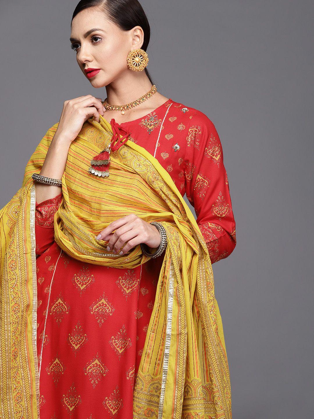 indo era women red & golden ethnic motifs printed kurta with trousers & dupatta