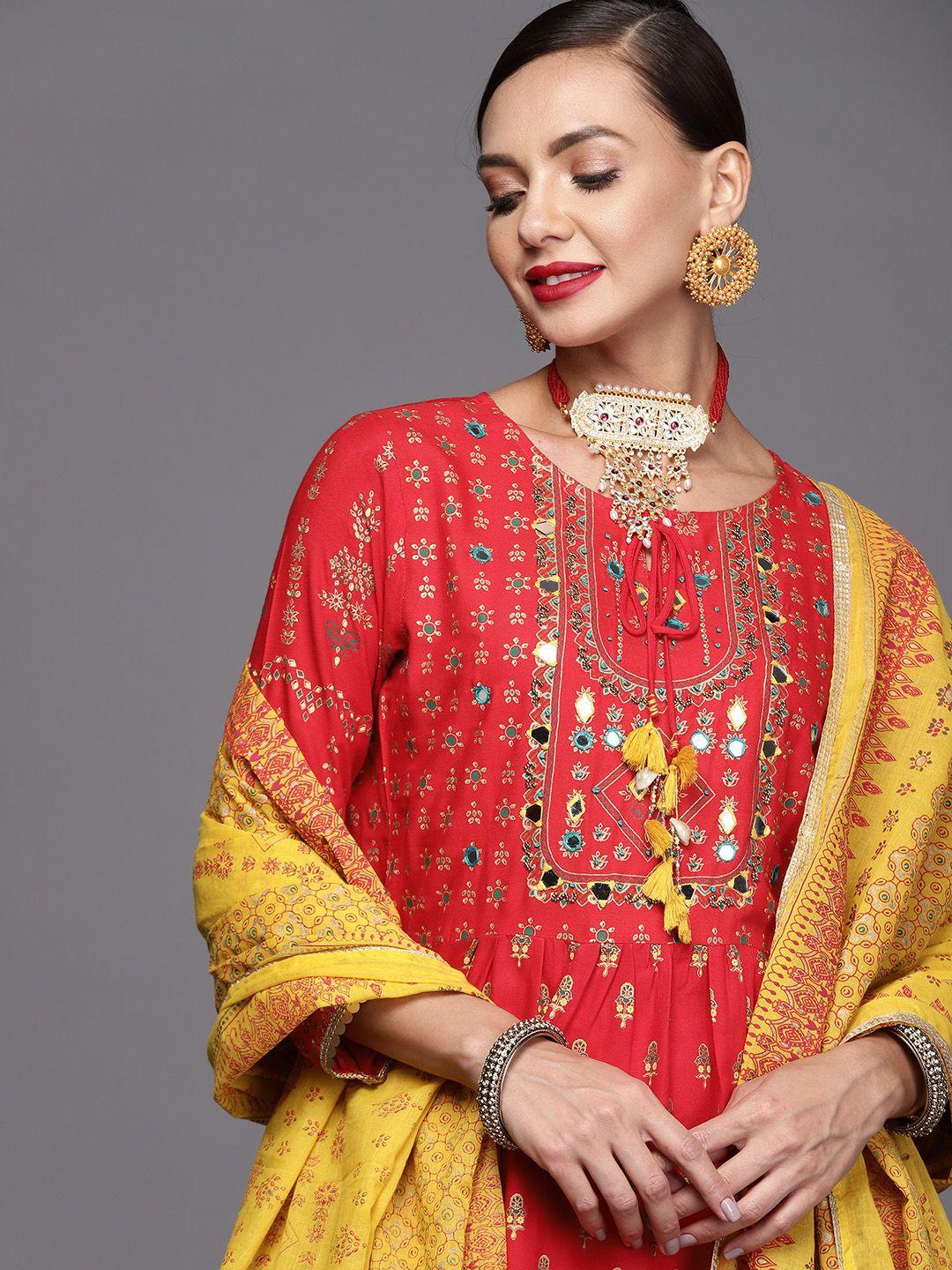 indo era women red & yellow ethnic motifs printed sequinned kurta with trousers & dupatta