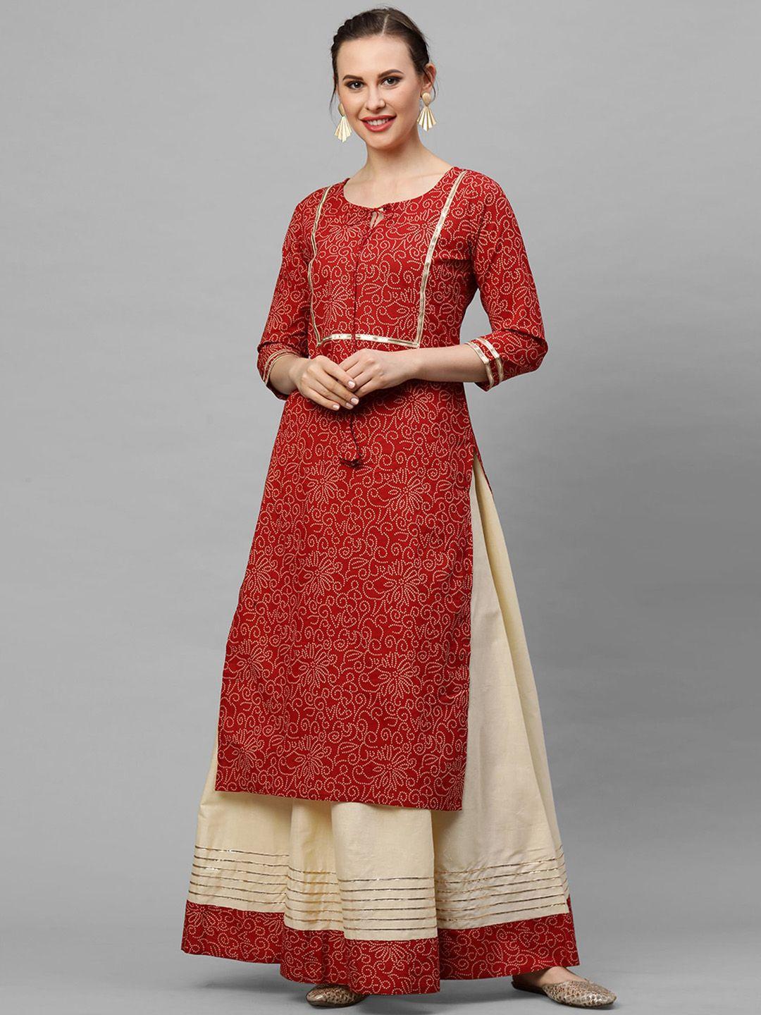 indo era women red and cream bandhani printed pure cotton straight kurta with skirt set