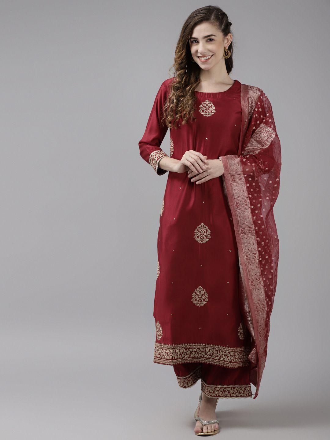 indo era women red ethnic motifs embroidered kurta with palazzos & with dupatta