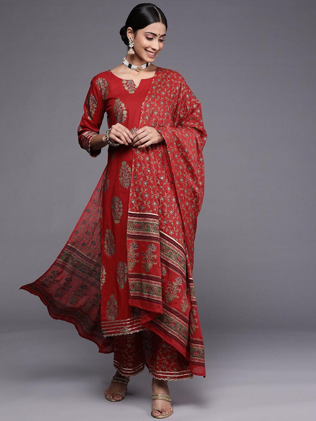 indo era women red ethnic motifs printed kurta with palazzos & with dupatta