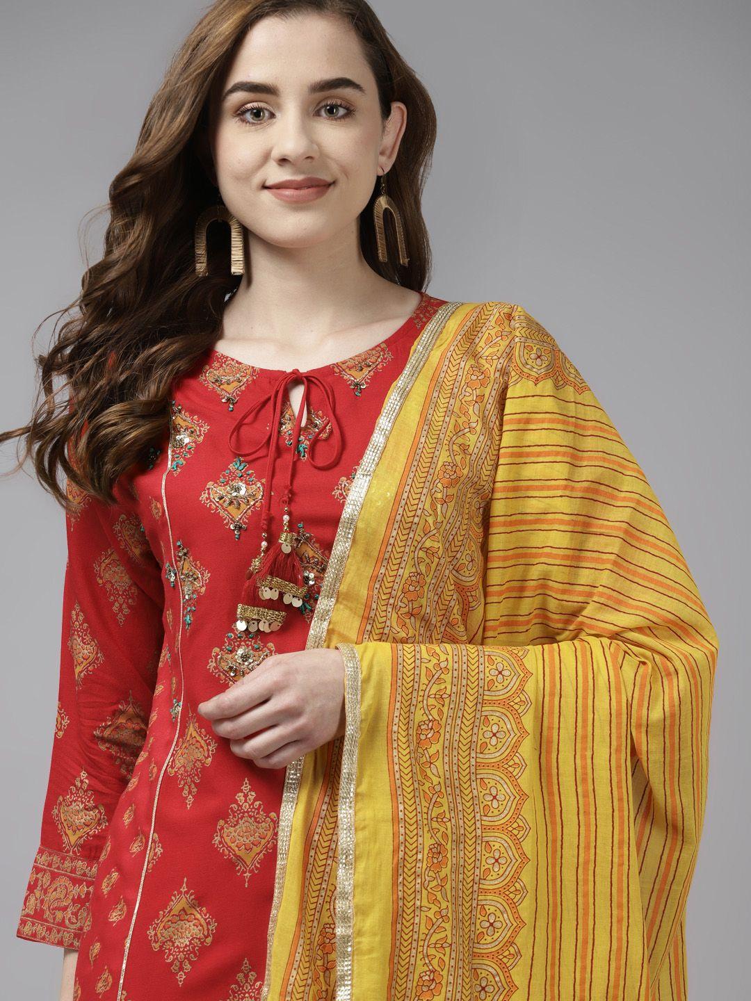 indo era women red ethnic motifs printed kurta with trousers & dupatta