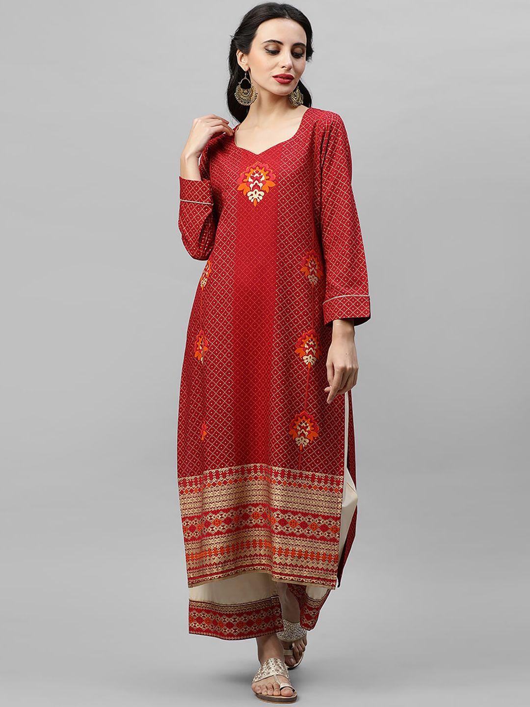 indo era women red ethnic motifs printed kurti with palazzos