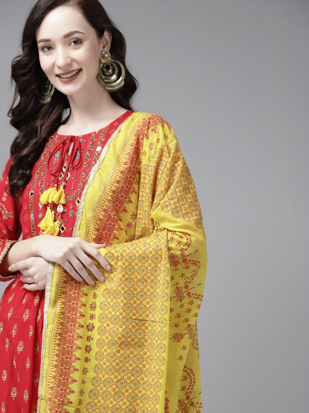 indo era women red ethnic motifs printed panelled mirror work kurta with trousers & with dupatta
