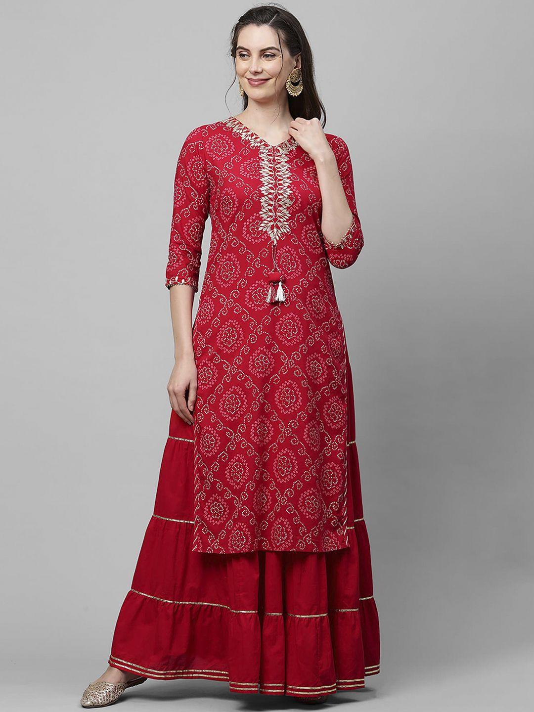 indo era women red ethnic motifs printed pure cotton kurta with skirt