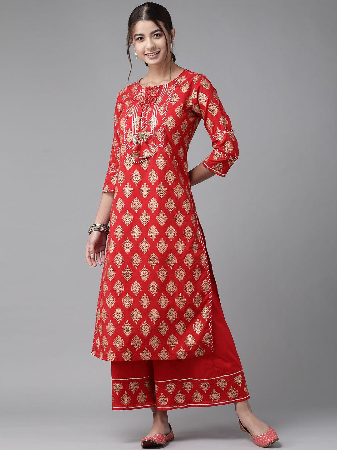 indo era women red ethnic motifs printed regular gotta patti pure cotton kurta with sharara