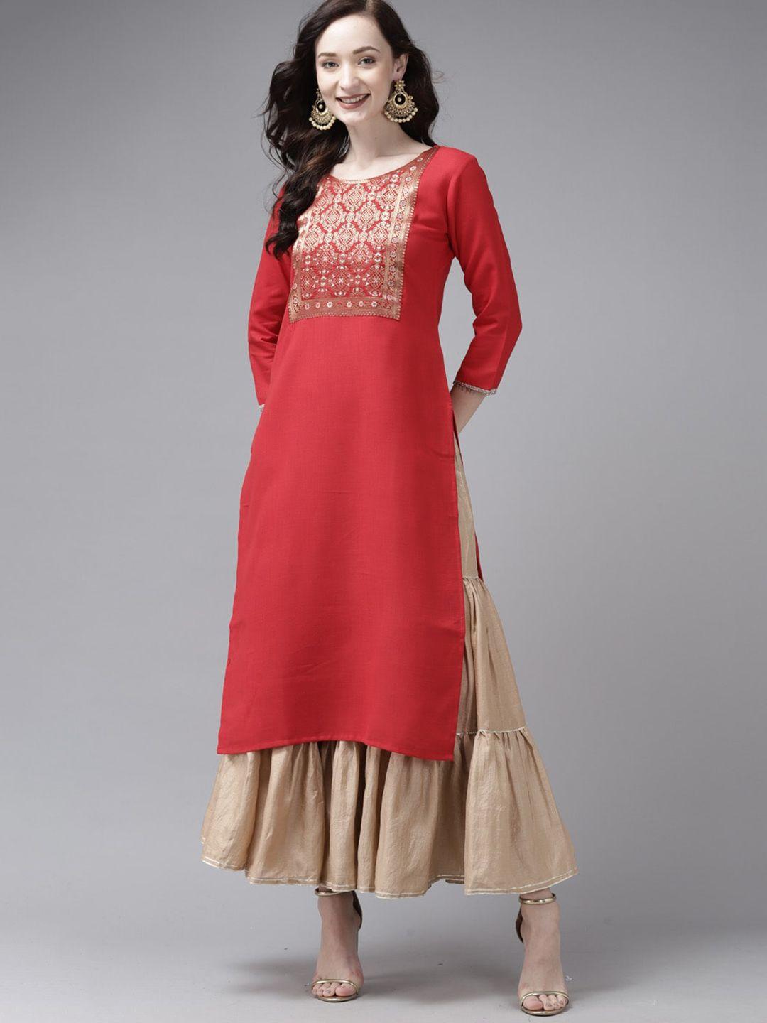 indo era women red ethnic motifs yoke design thread work straight kurta