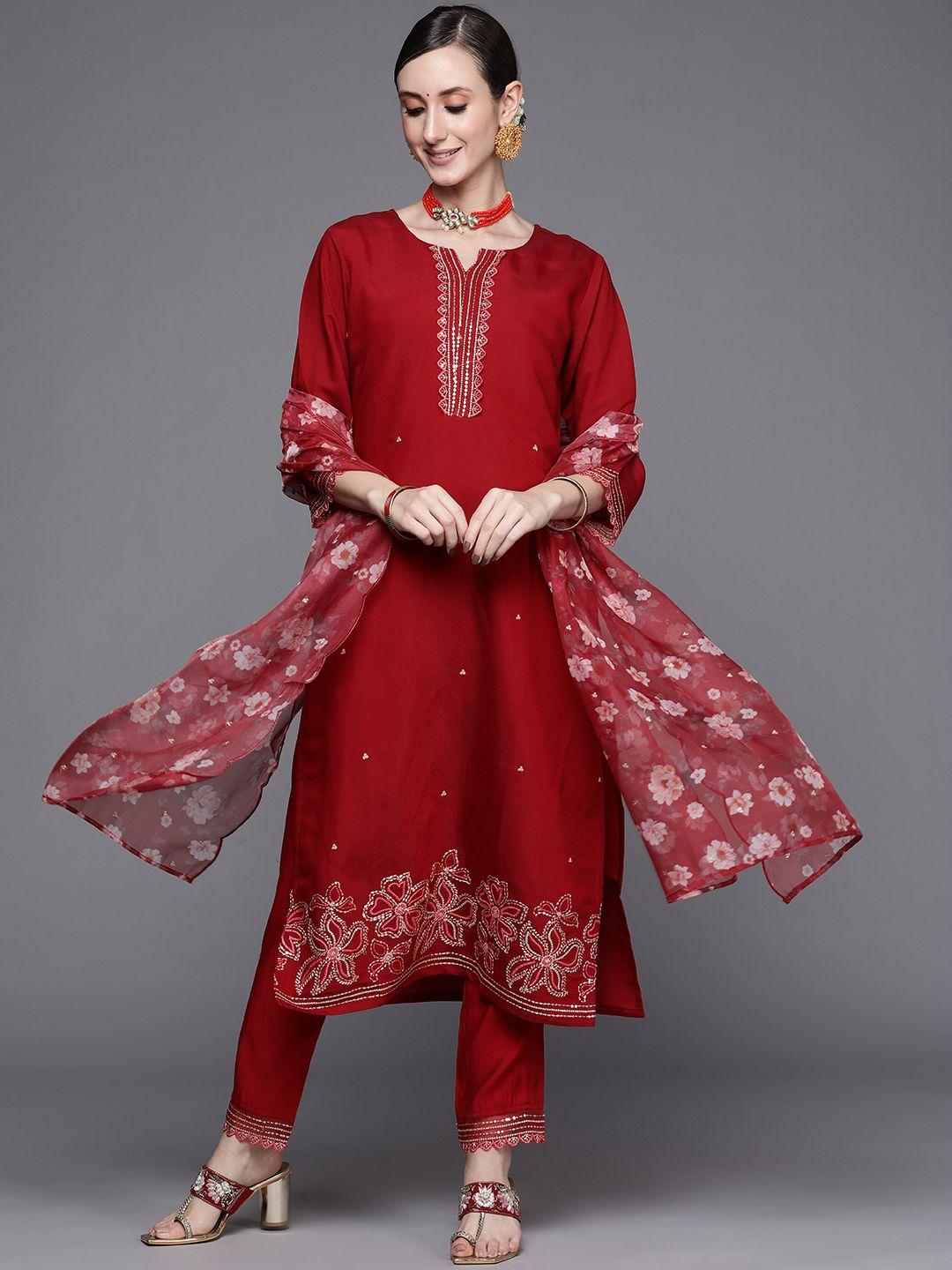 indo era women red floral embroidered sequinned kurta with trousers & dupatta
