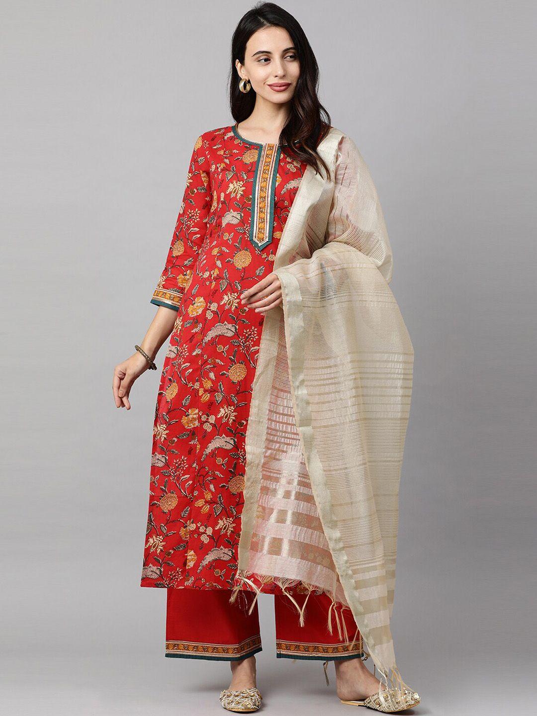 indo era women red printed kurta with palazzos & dupatta