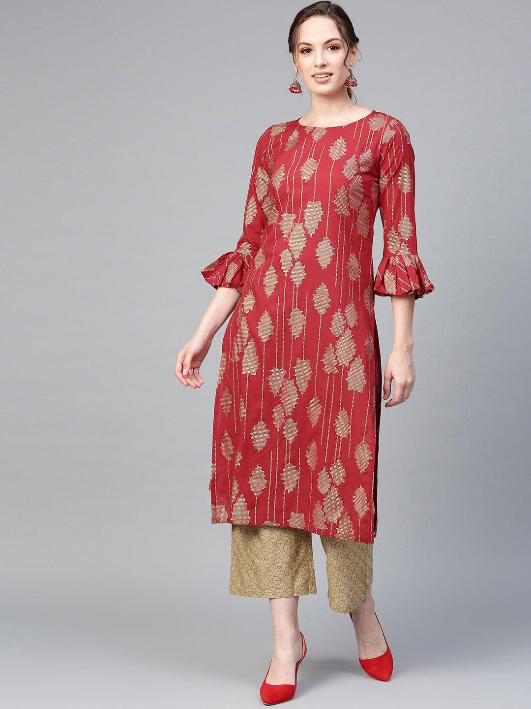 indo era women red printed panelled pure cotton kurta with palazzos