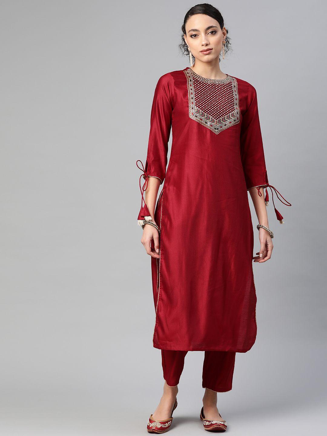 indo era women red yoke design kurta with trousers
