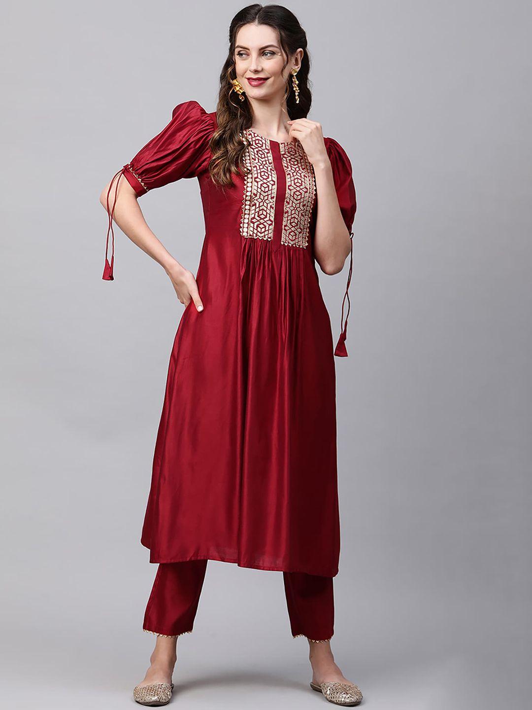 indo era women red yoke design liva kurta with trousers