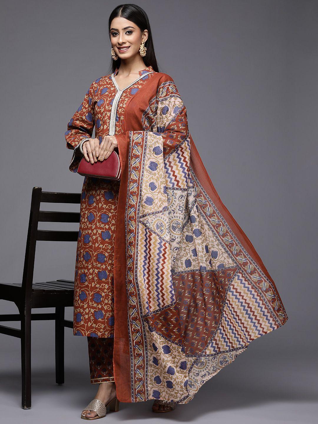 indo era women rust ethnic motifs printed pure cotton kurta with palazzos & with dupatta