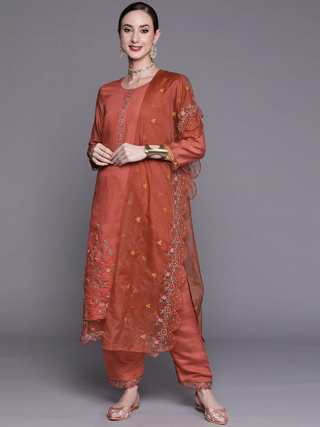 indo era women rust floral embroidered thread work kurta with trousers & with dupatta