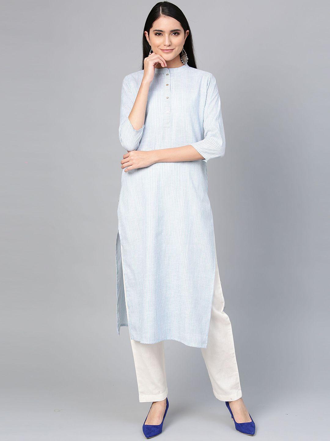 indo era women sea green & cream-coloured striped straight kurta