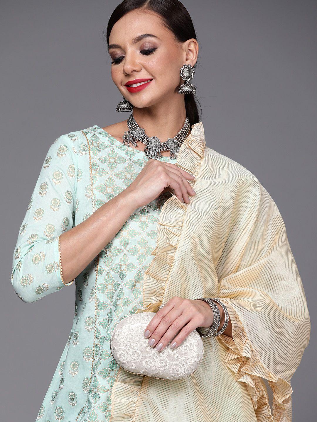 indo era women sea green & golden printed panelled cotton kurta with trousers & dupatta