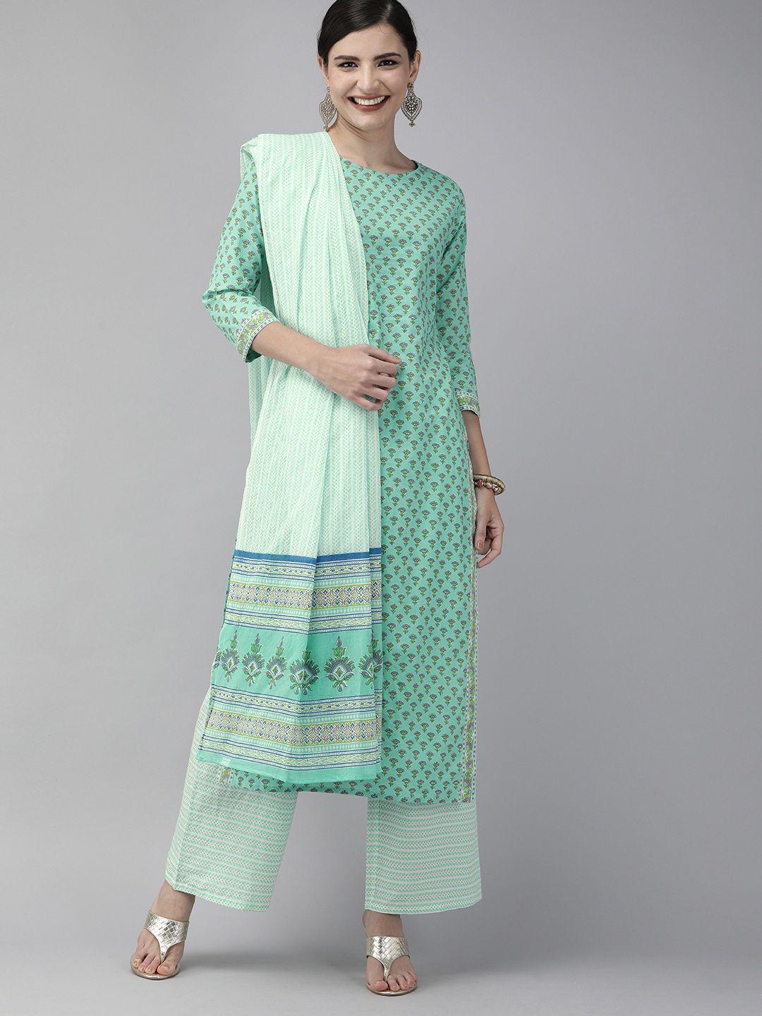 indo era women sea green & purple printed kurta with palazzos & dupatta