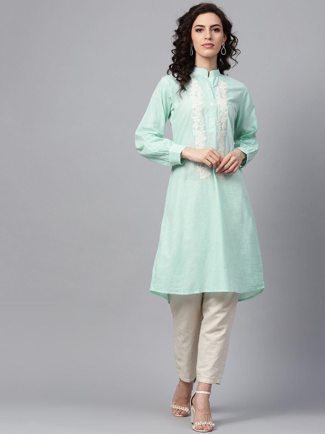 indo era women sea green checked kurta