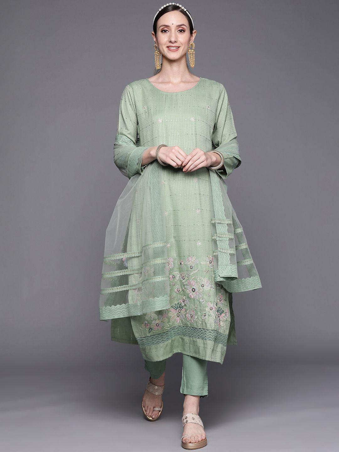 indo era women sea green embroidered kurta with trousers &  dupatta