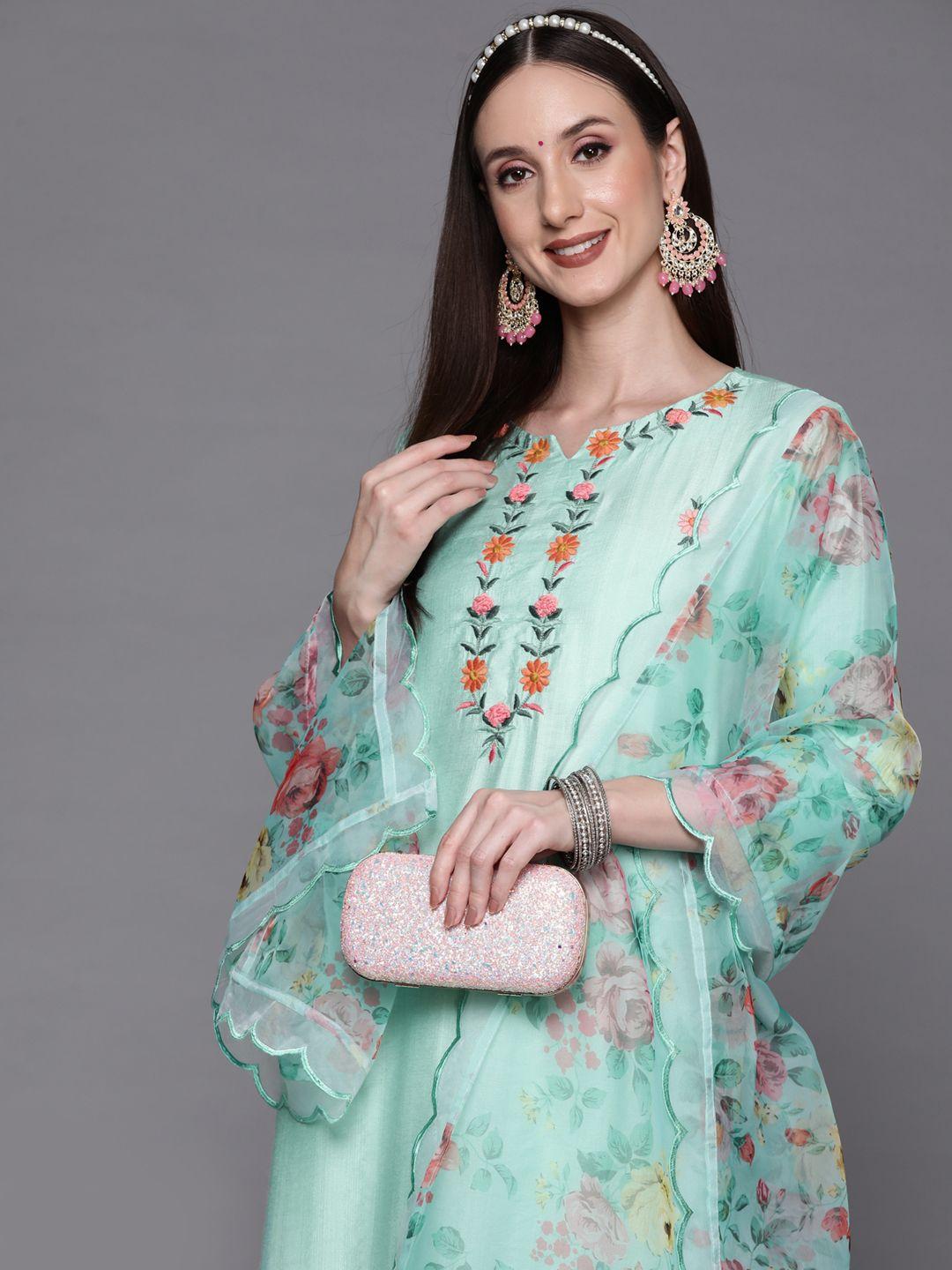 indo era women sea green floral embroidered kurta with trousers & with dupatta