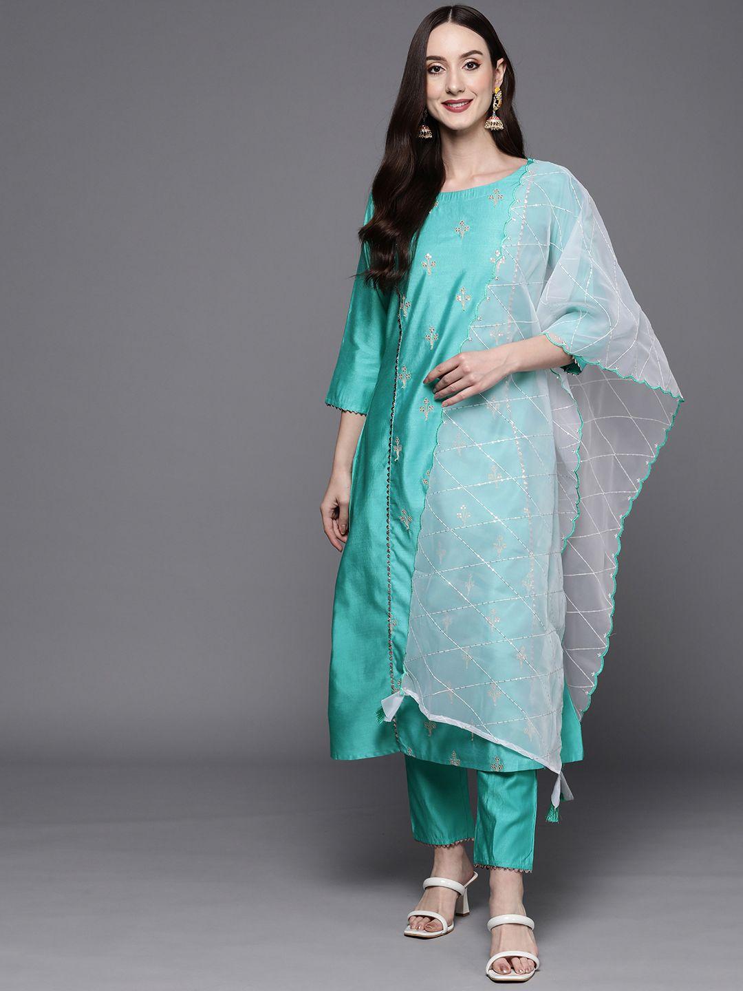 indo era women sea green floral embroidered sequinned liva kurta with trousers & dupatta