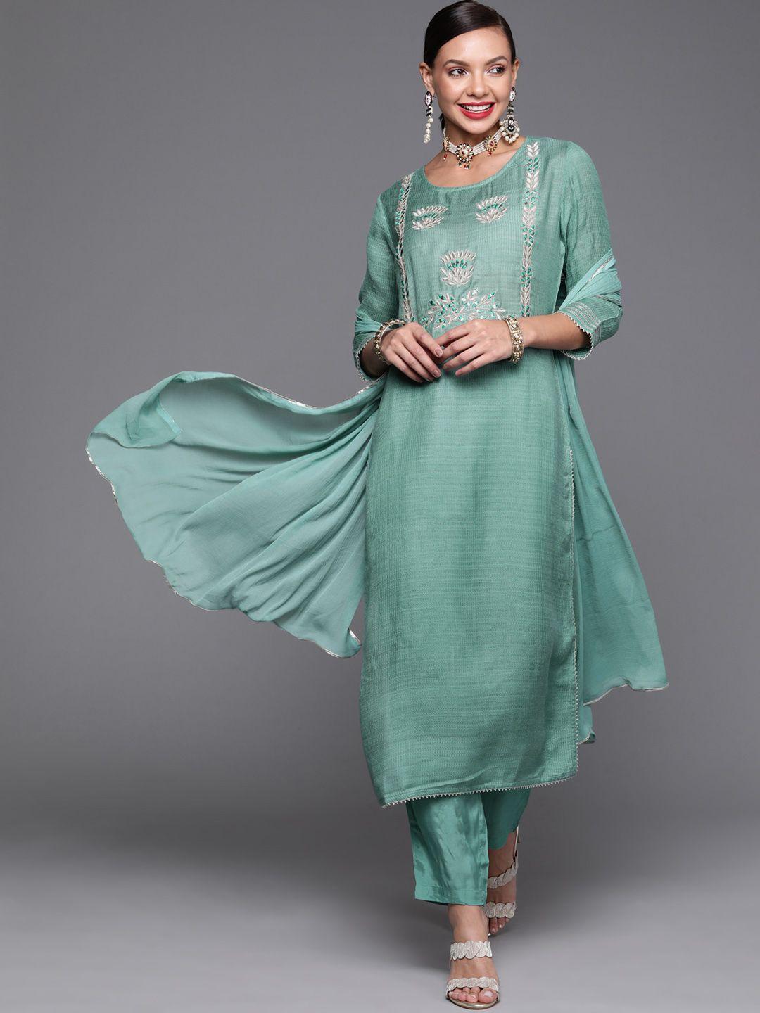 indo era women sea green yoke design chanderi silk kurta with trousers & dupatta