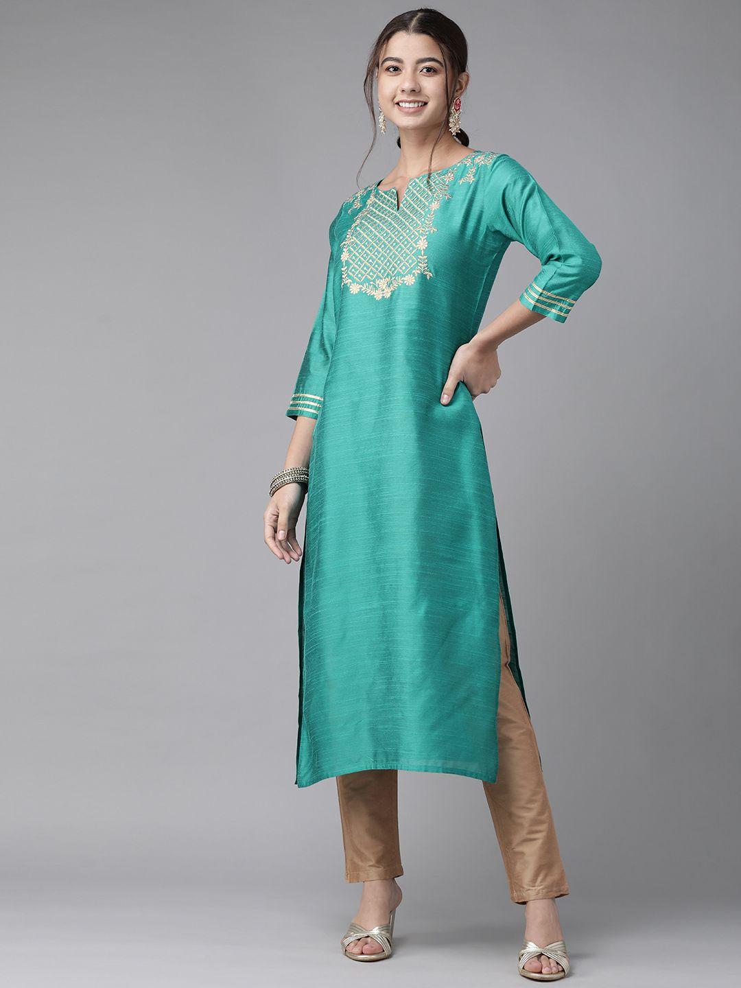 indo era women sea green yoke design thread work floral chanderi silk chanderi silk kurta