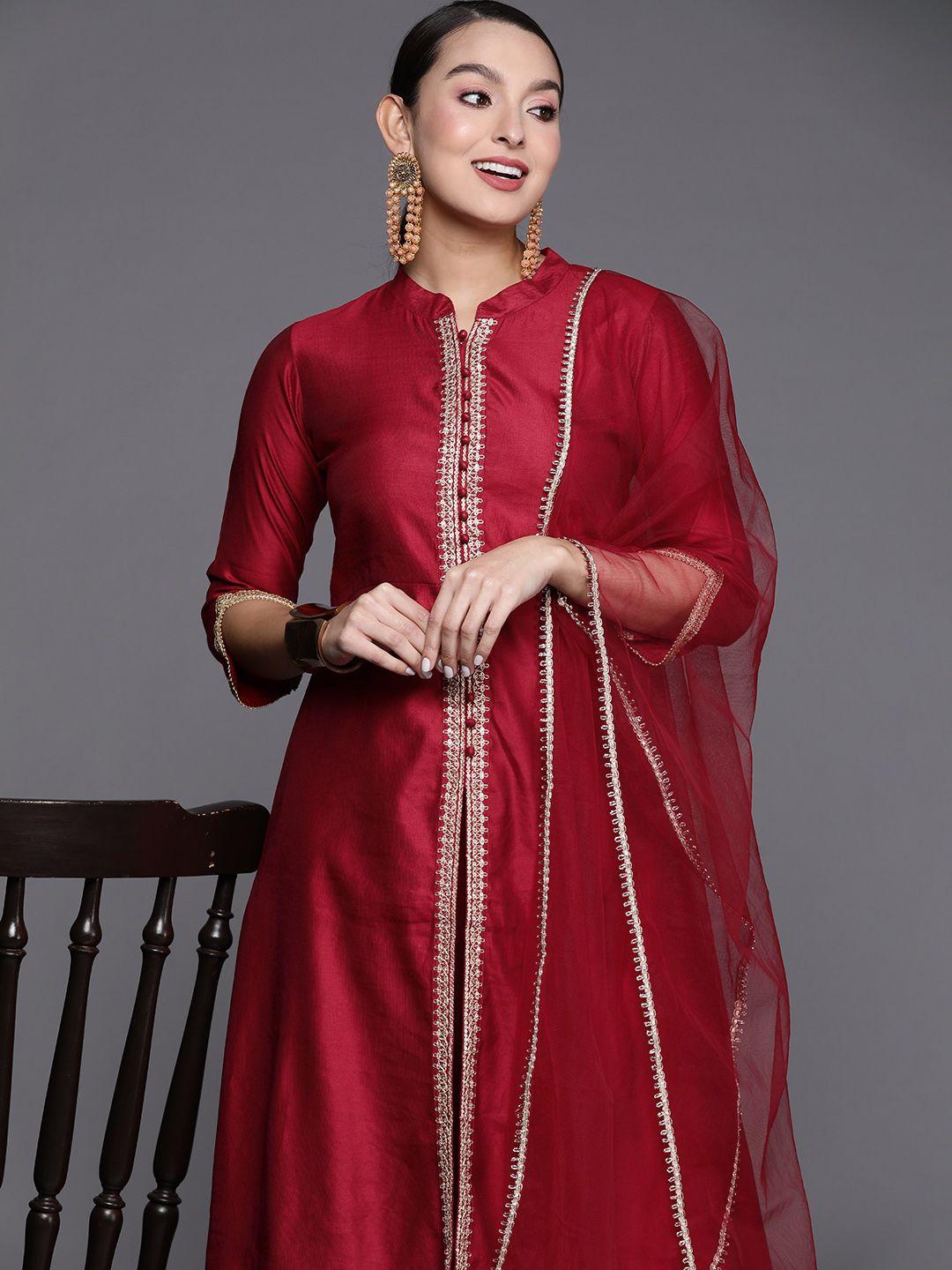 indo era women striped high slit thread work liva kurta with trousers & dupatta