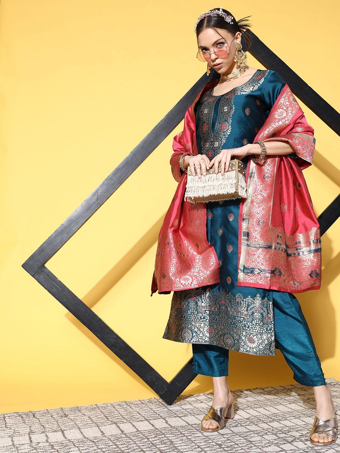 indo era women teal blue & pink ethnic motifs woven design kurta with trousers & dupatta