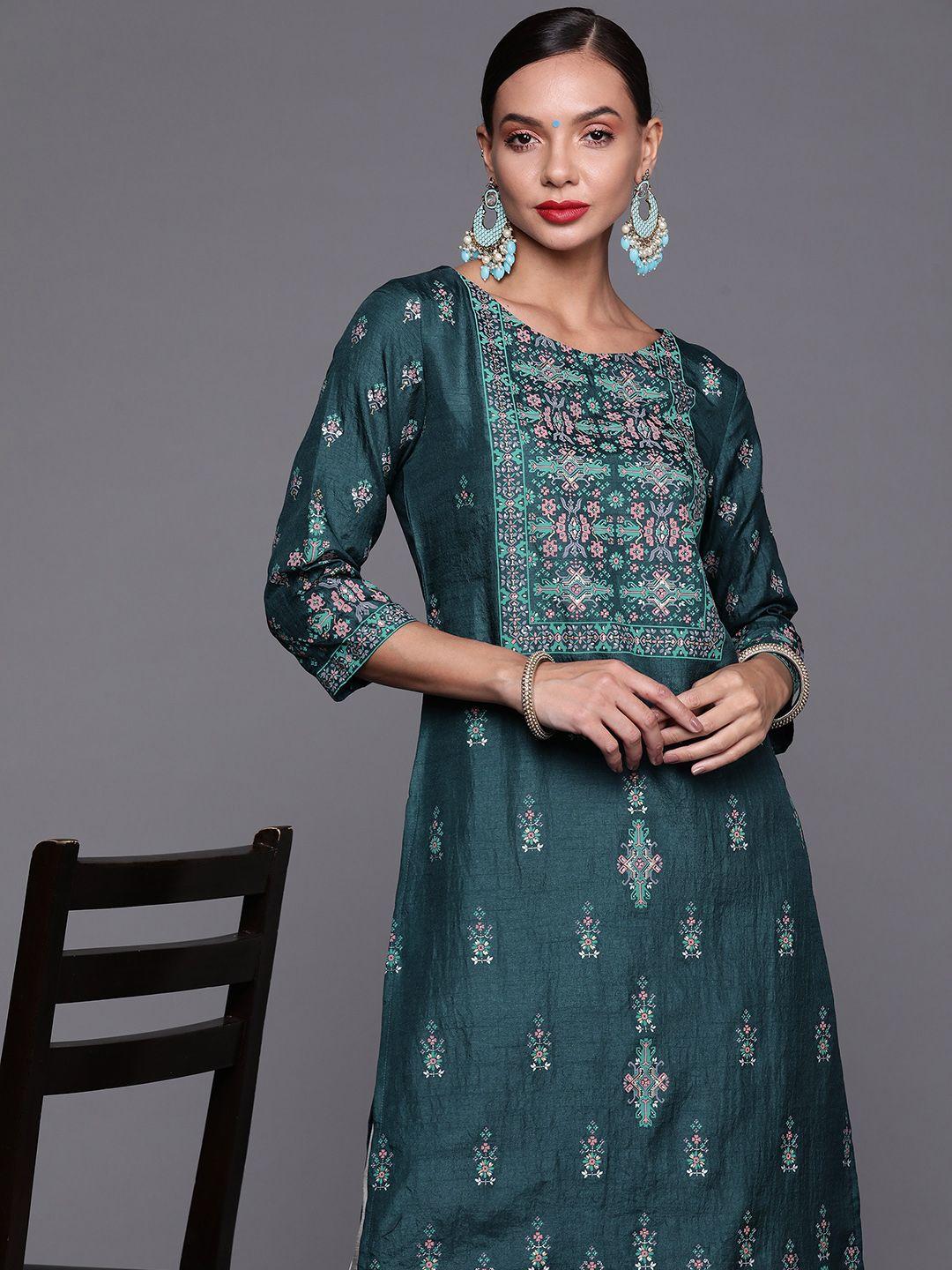 indo era women teal blue & white ethnic motifs printed kurta with palazzos