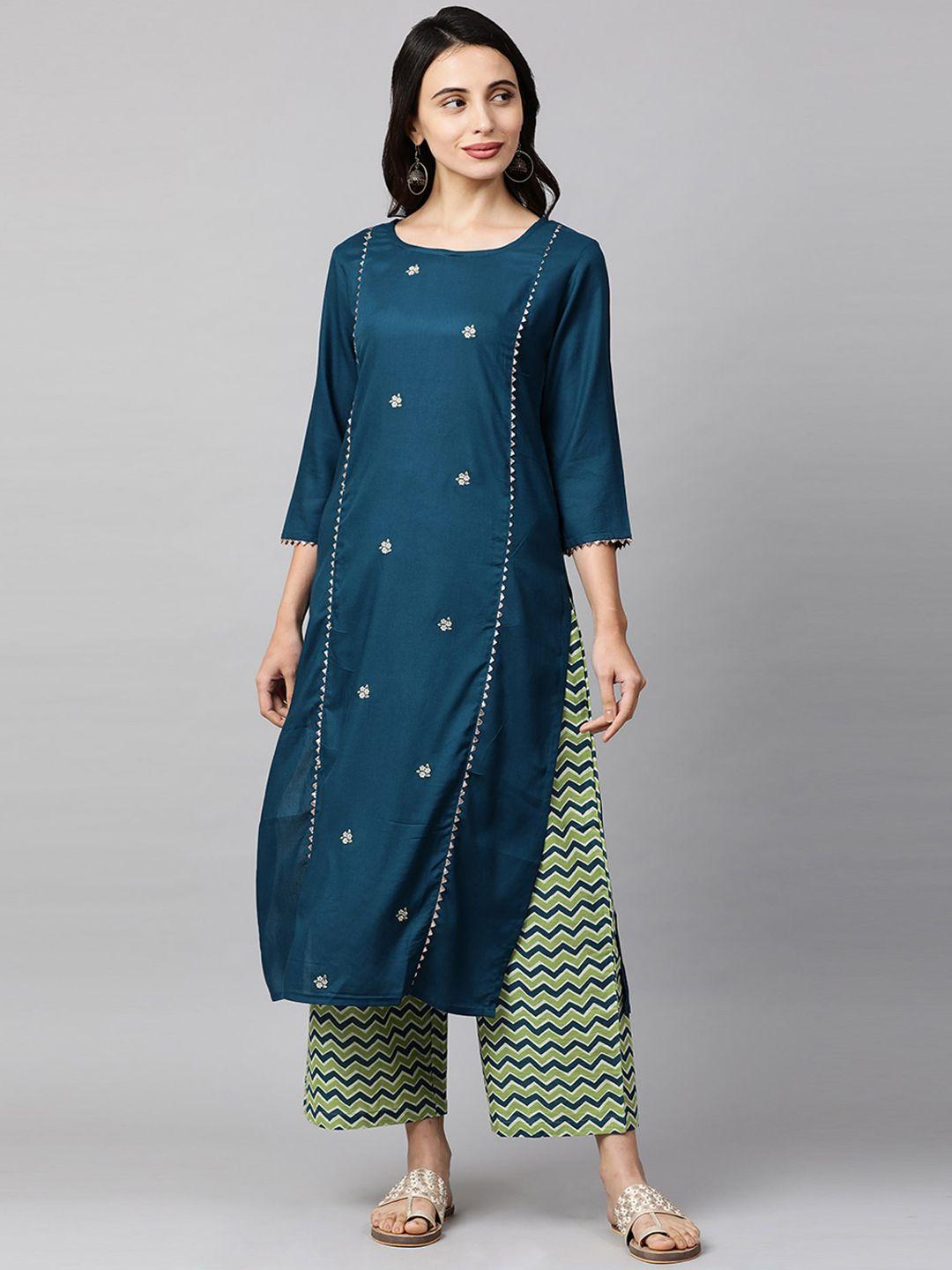 indo era women teal embroidered kurta with palazzos