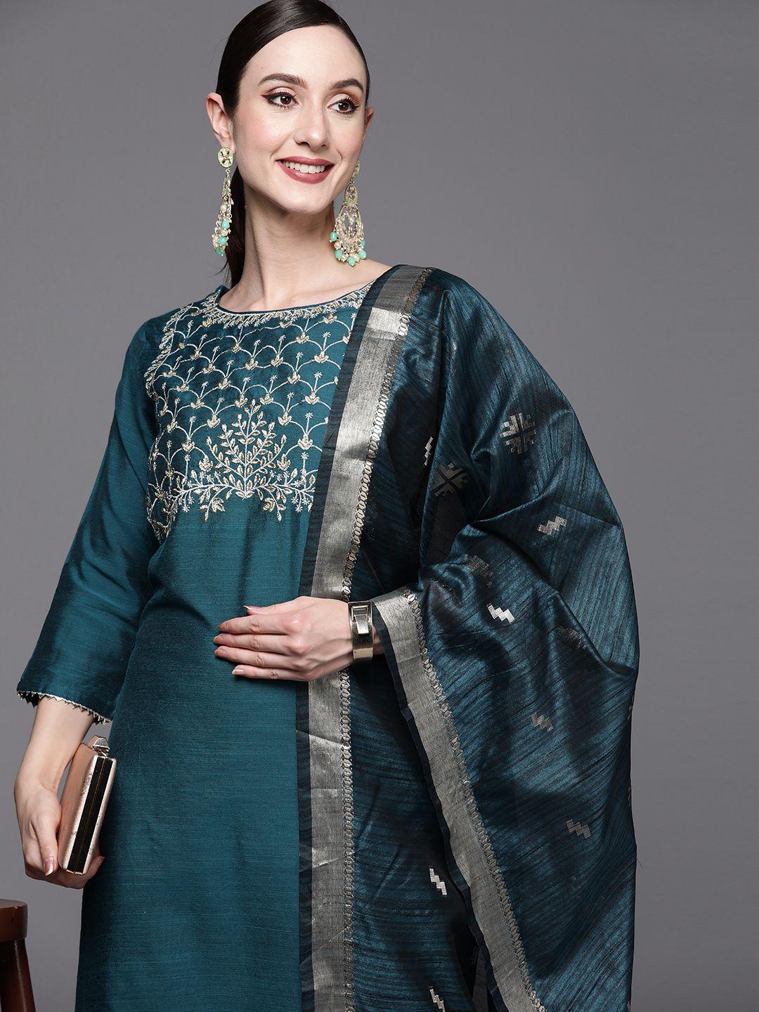 indo era women teal floral yoke design kurta with palazzos & with dupatta