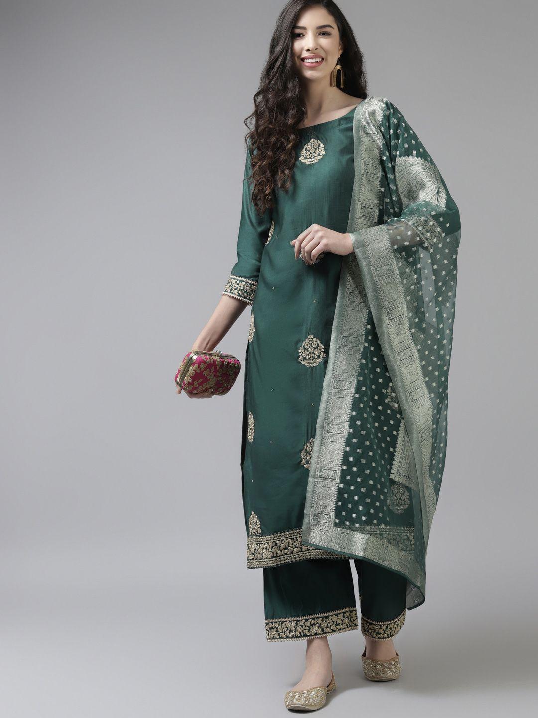 indo era women teal green & golden floral embroidered liva kurta with palazzos & dupatta