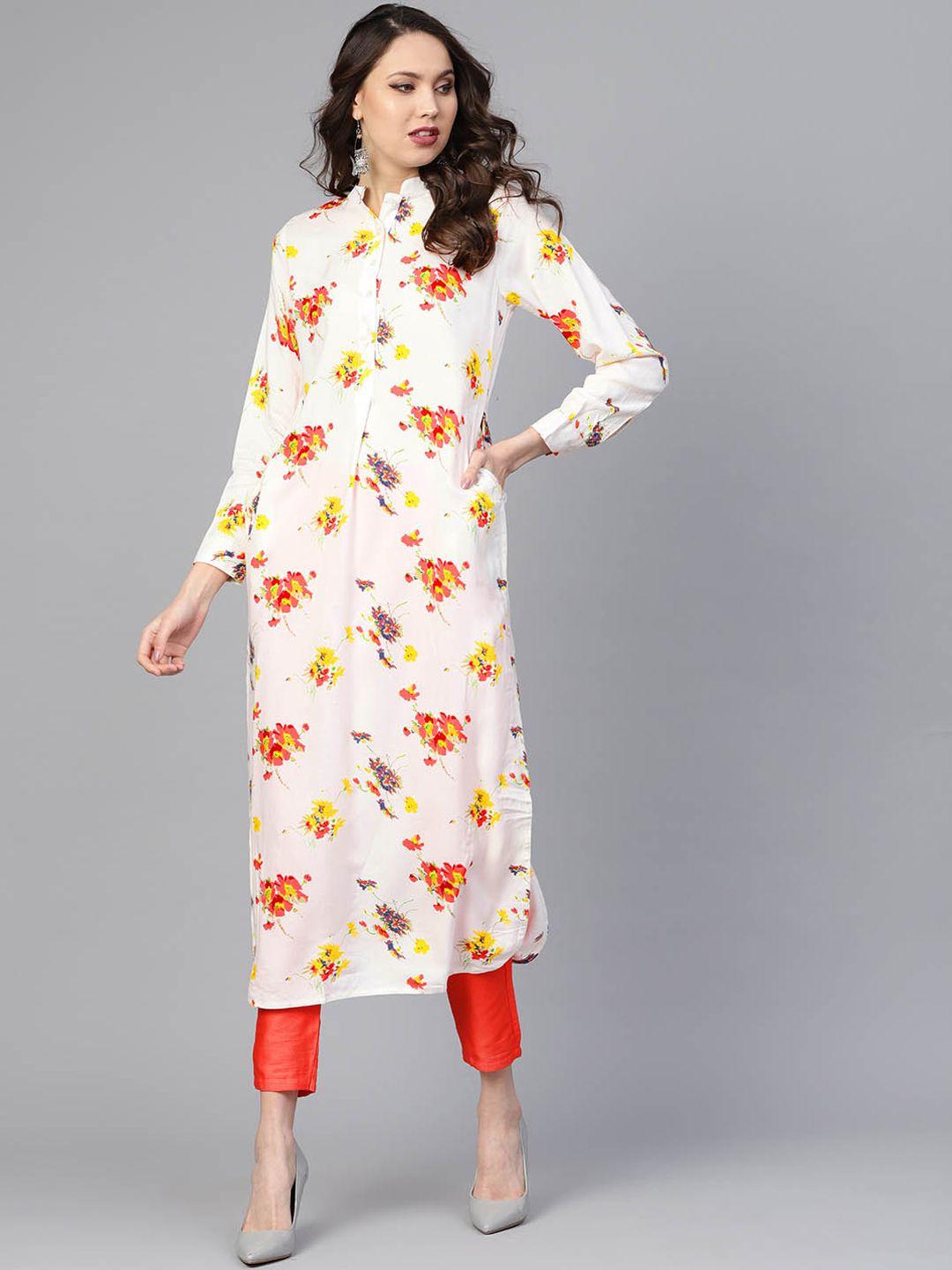 indo era women white & red floral printed straight kurta